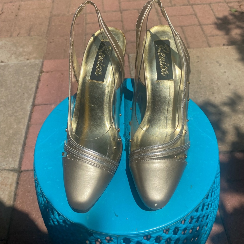 Gold Glamorous Medium-Heel Slip-On Shoes with rhinestones.  Size 7.
